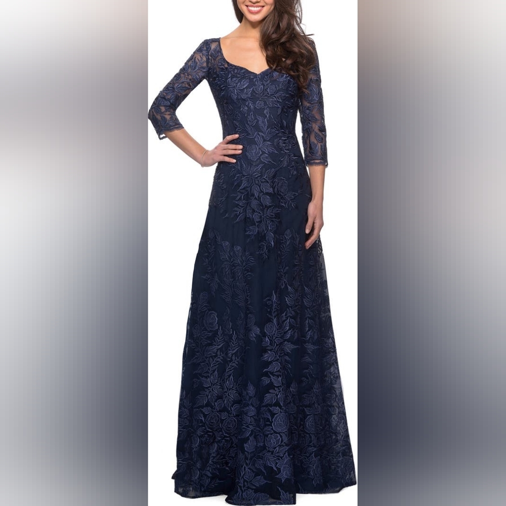 Floral Embroidered Mesh A-Line Gown LA FEMME Size 10
